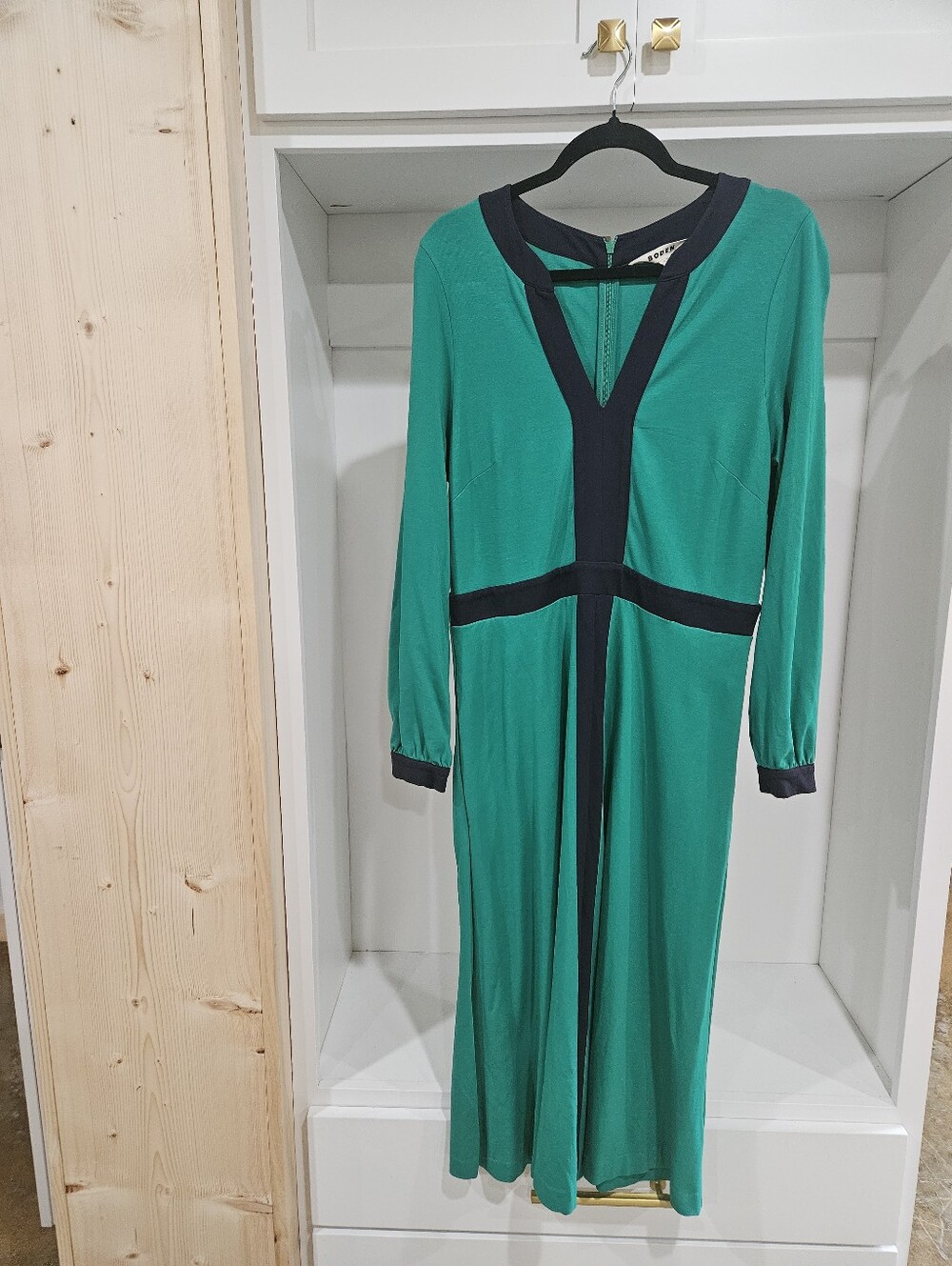 Boden Size 12 Green Long Sleeve Maxi Dress with Blue Trim
